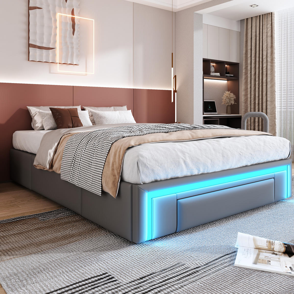 BETTGESTELL 140/200 cm Grau mit Schubladen und LED-Lichtleiste aus PU-Leder - Grau, Textil (140/200cm) - OKWISH