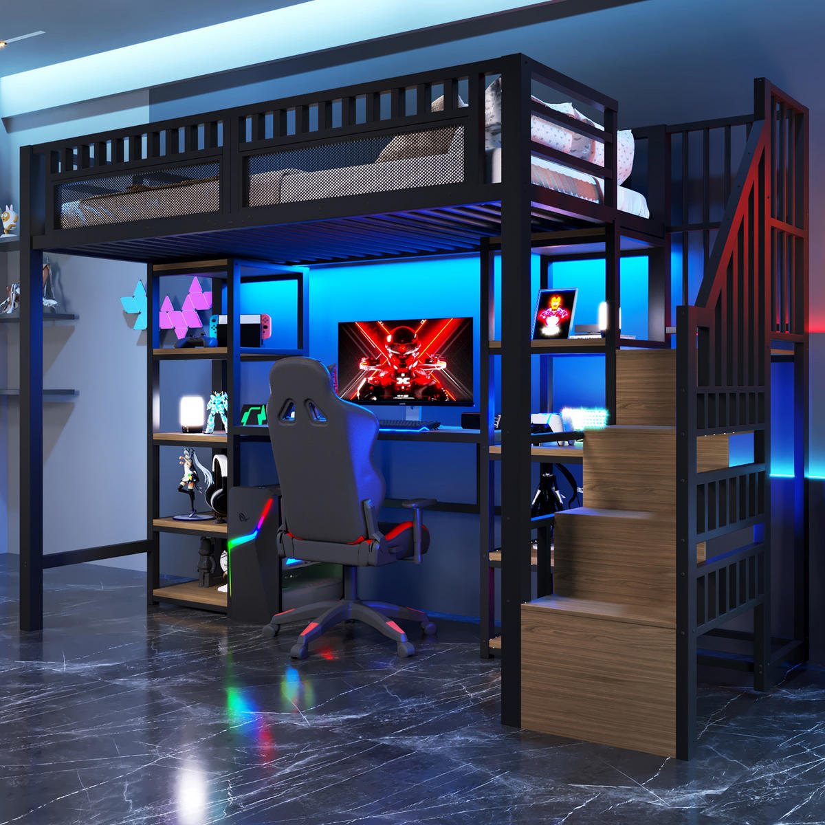 HOCHBETT 90x200cm Schwarz Metall LED-Licht Schreibtisch USB - Schwarz, Metall (90/200cm) - FLIEKS