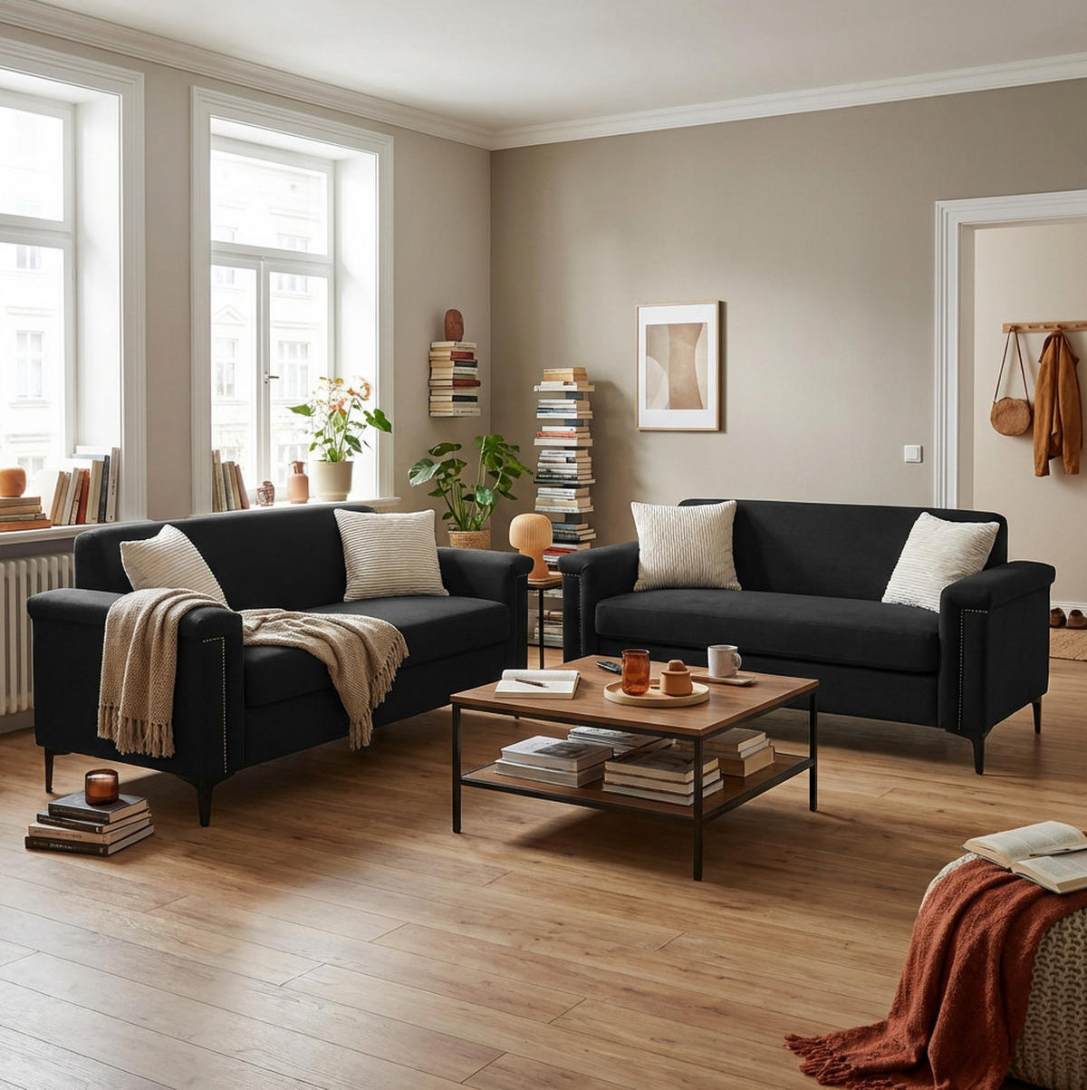 SOFA 2er-Set 172 cm Schwarz Stoff mit Metallfüßen - Schwarz, Holz (73.5/81.5/172.1cm) - Meubliv