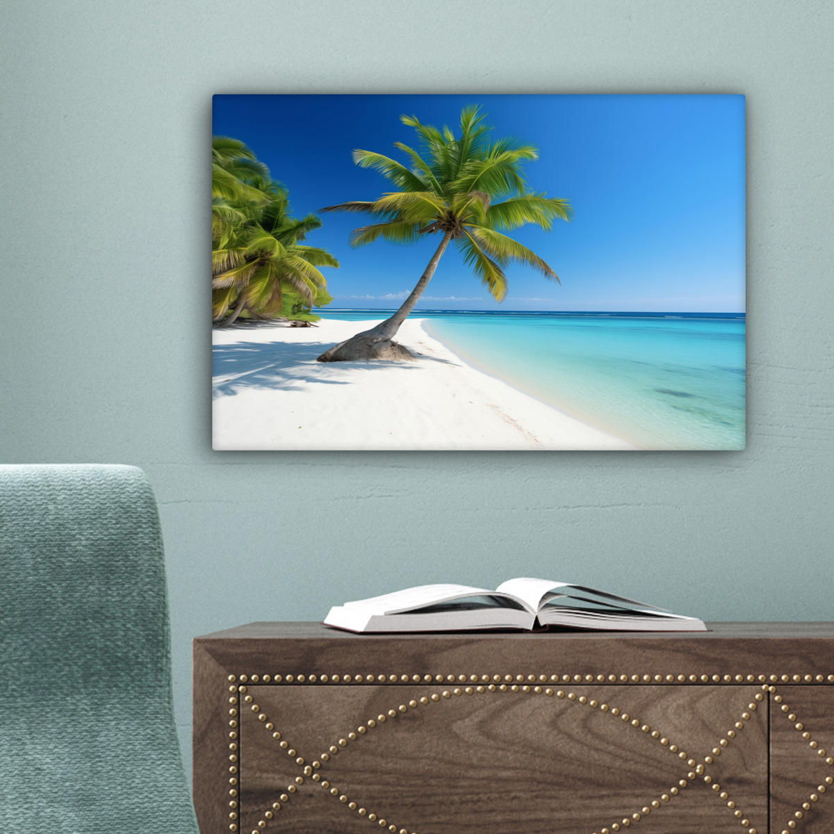 LEINWANDBILD Strand - Palme - Tropisch - Meer Deko Schlafzimmer 30x20 cm - Grün, Textil (30/20cm) - MuchoWow