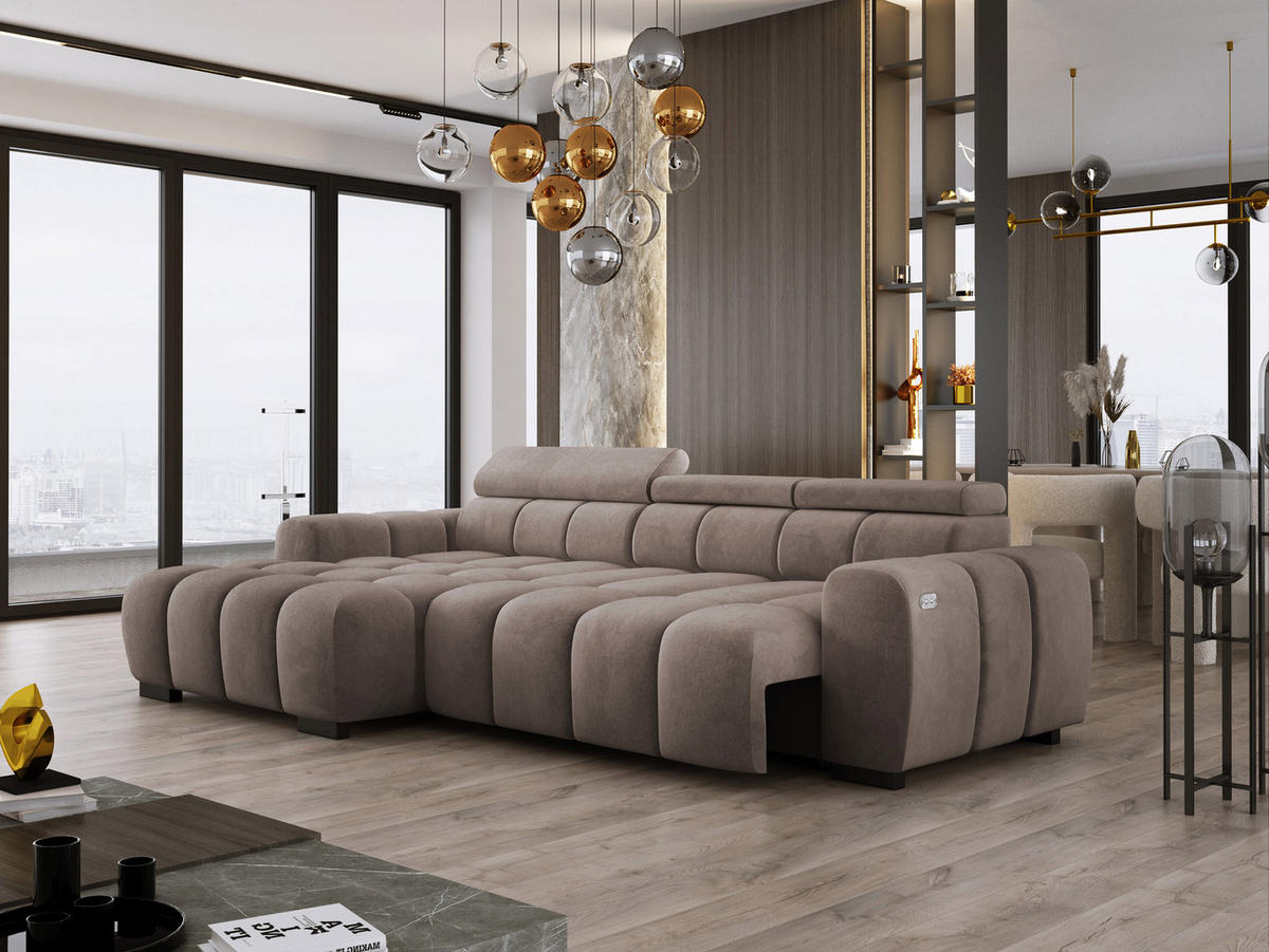 ECKSOFA OMBO 285x168x77/97 cm, Links, Schlaffunktion, elektr. Sitz, Kopfstützen, Buche dunkel, hydrophober SALVADOR-Stoff – Grau - Cappuccino, Holz/Textil (168/285cm) - DomoHome