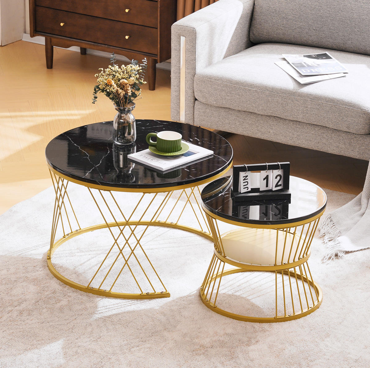 SADA konferenčních stolků z MDF 70x70x47/45x45x40 cm černá se zlatou kovovou konstrukcí, zasouvací - černá, kompozitní dřevo (70/70/45cm) - Modfu