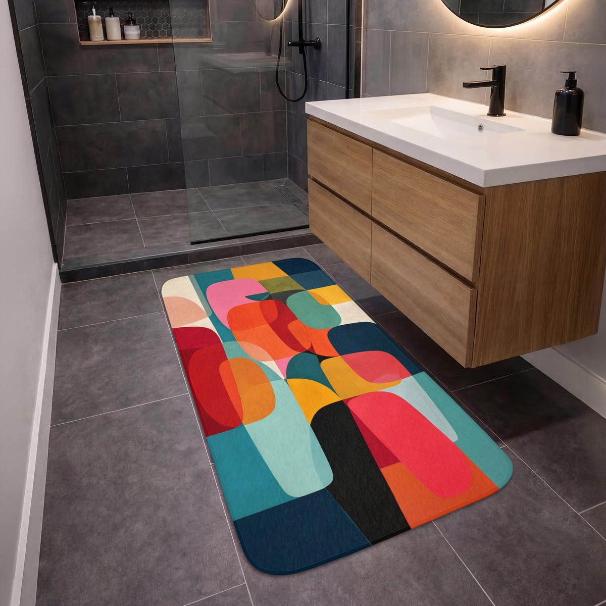 KOUPELNOVÁ PŘEDLOŽKA Tvary - barevné - abstraktní - letadla 60x120 cm - různobarevná, textil/plast (60/120cm) - OnlyWow