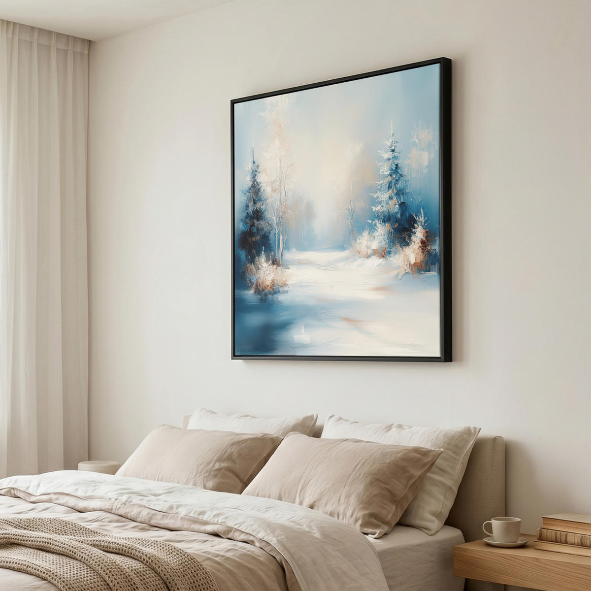 LEINWAND Bilder mit Rahmen - Wald – Winter – Natur – Abstrakt – Schnee - 90x90 - Weiß, Textil (90/90cm) - MuchoWow