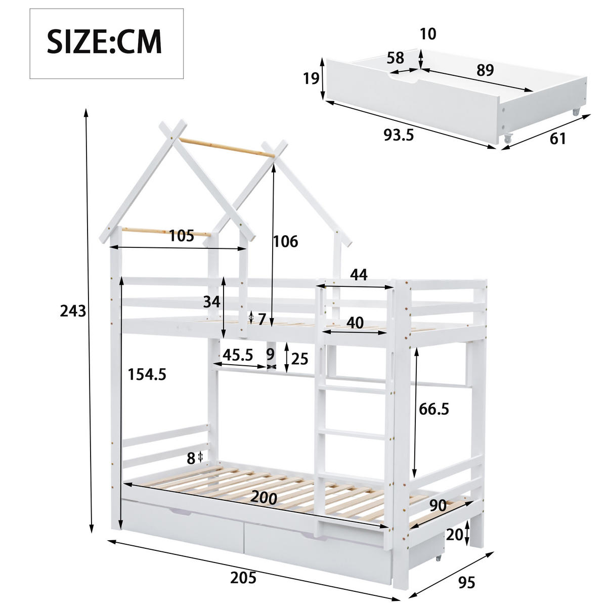 HAUSBETTEN 90/200cmWeiß - Weiß, Holz (205/243/95cm) - Urban Meuble