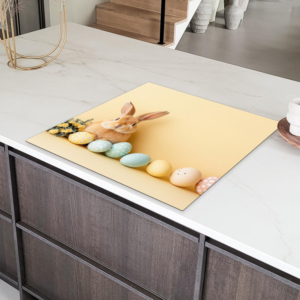 HERDABDECKPLATTE Eier - Kaninchen - Pastellfarbtöne Induktionsmatte 78x78 cm - Hellgelb, Kunststoff (78/78/0.2cm) - MuchoWow
