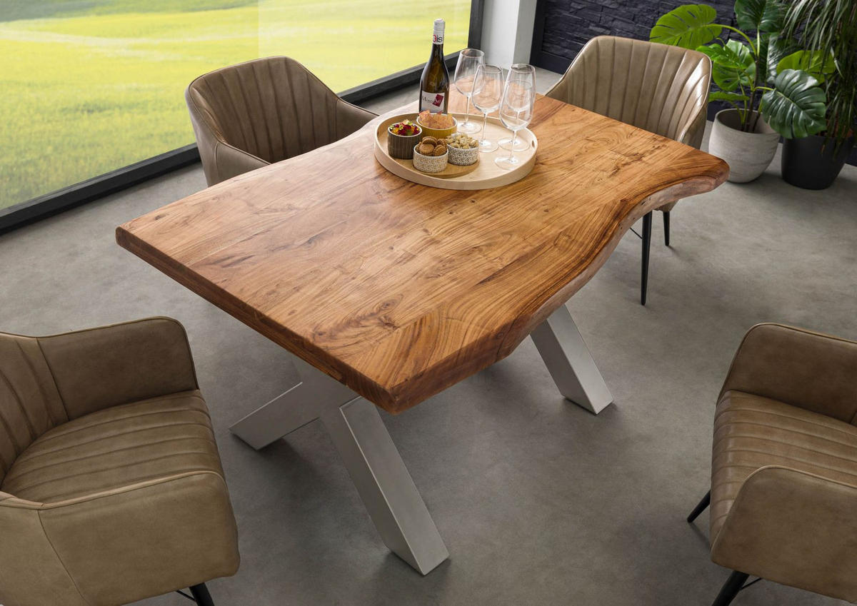 BAUMTISCH Akazie 160x90x77 Akazie natur lackiert / X-Beine silber matt FREEFORM 5 - Braun, Holz (90/160/77cm) - Massivmoebel24