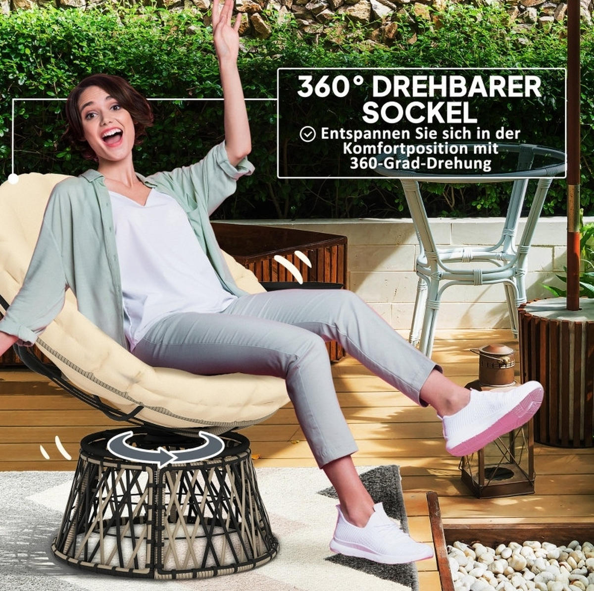 RATTANSESSEL 118/76/88 cm mit 360°-Drehfunktion und Seitentablett, Beige - Beige, Metall (118/88/76cm) - Redom