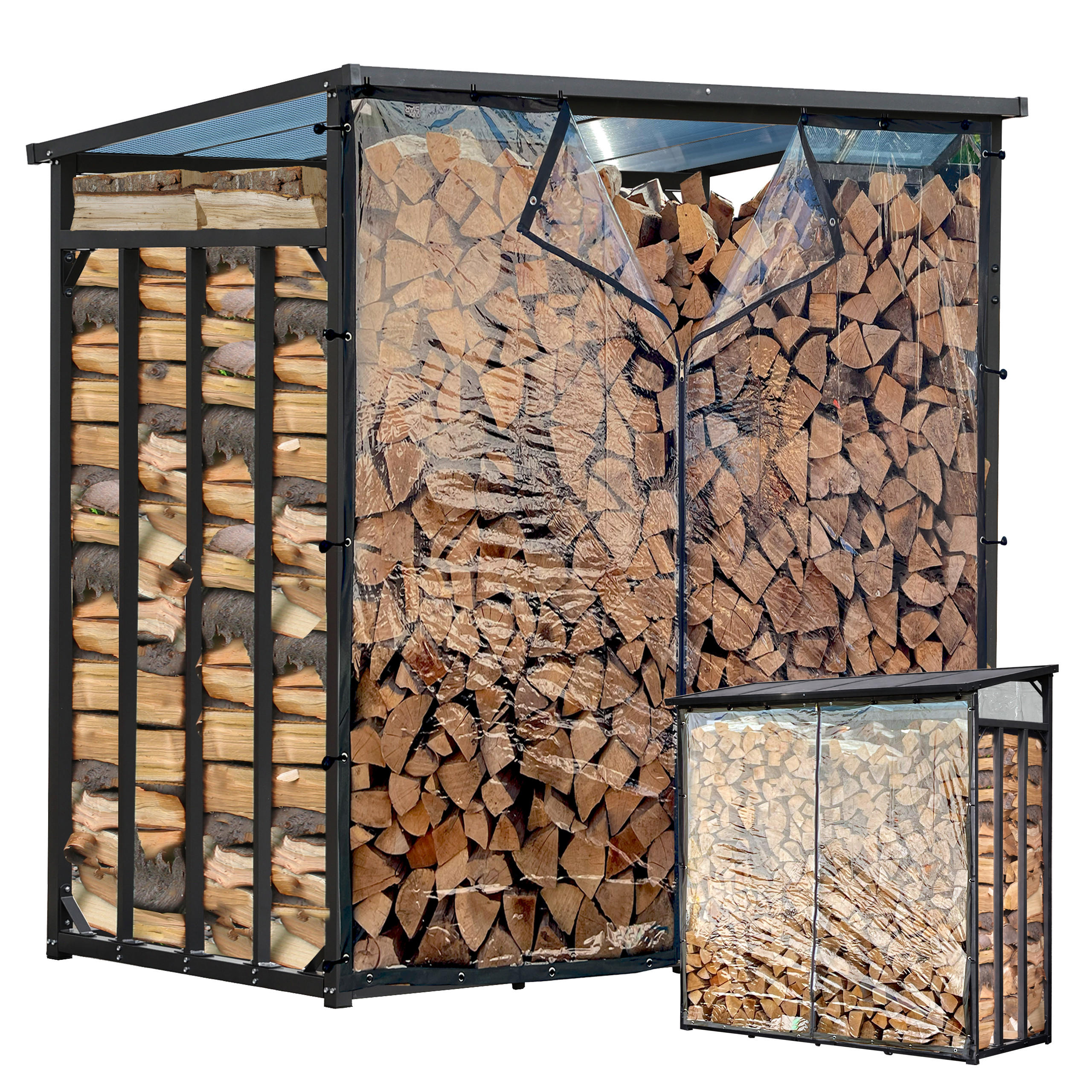 KAMINHOLZREGAL Außen Basic 185/100/185 cm Metall Anthrazit mit Wetterschutz Transparent 3,5 m³ / 5 SRM - Transparent/Anthrazit, Metall (185/185/100cm) - QUICK STAR