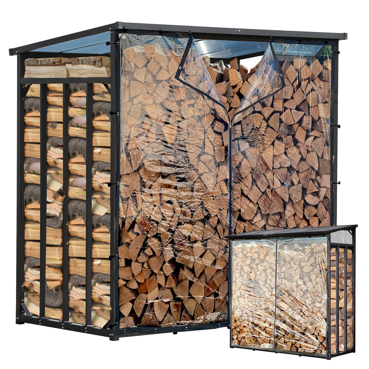 KAMINHOLZREGAL Außen Basic 185/100/185 cm Metall Anthrazit mit Wetterschutz Transparent 3,5 m³ / 5 SRM - Transparent/Anthrazit, Metall (185/185/100cm) - QUICK STAR