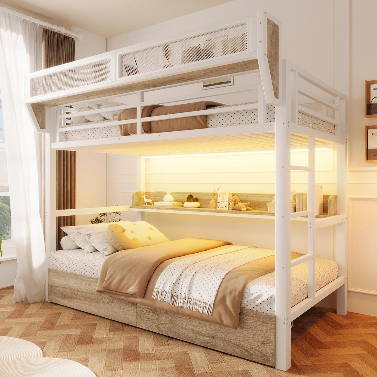 ETAGENBETT 90/200 cm in Weiß mit LED, 2 Schubladen und Aufbewahrungskorb - Weiß, Holzwerkstoff/Metall (90/200cm) - WISHDOR