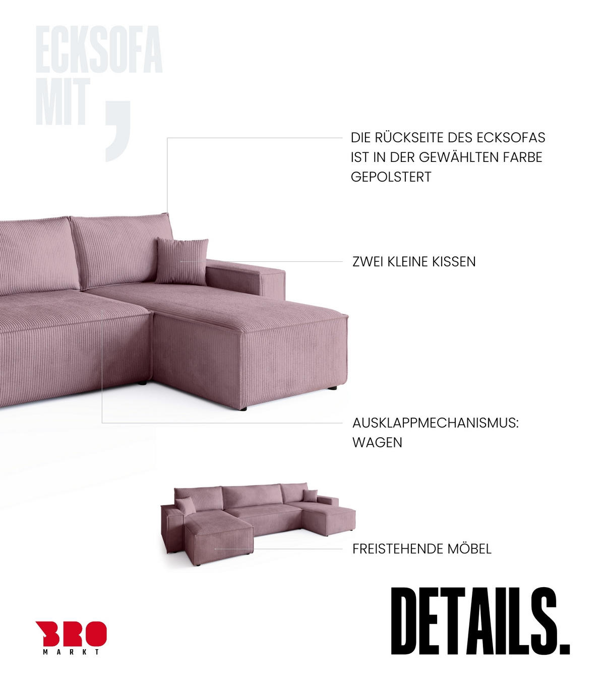 WOHNLANDSCHAFT ADI U mit Schlaffunktion Cordstoff Puderrosa - Pink, Textil (312/85/143cm) - Bromarkt