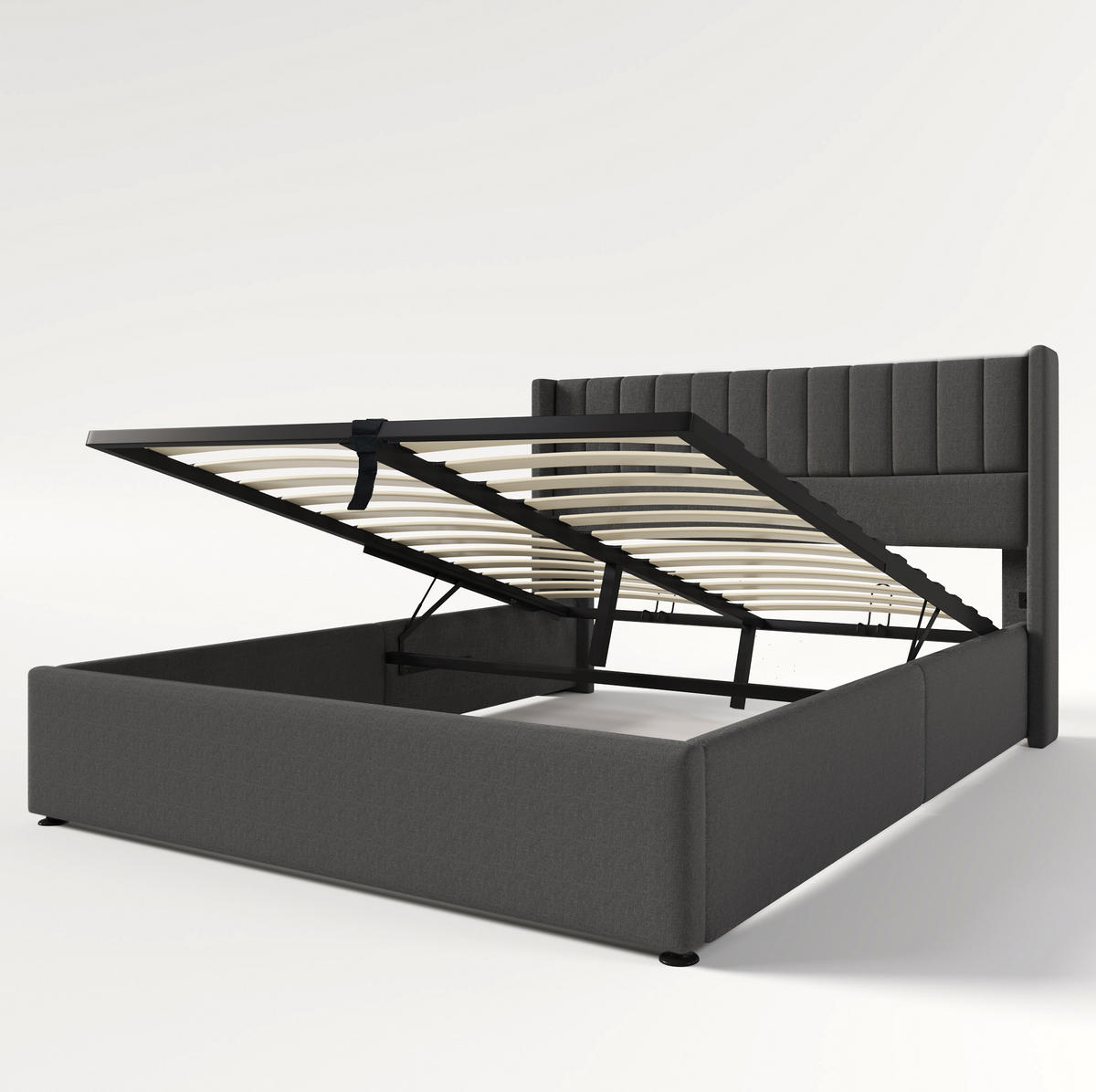 POLSTERBETT 160/200 cm mit hydraulischem Bettkasten, Lattenrost & Streifenkopfteil, Grau - Grau, Textil (160/200cm) - Redom