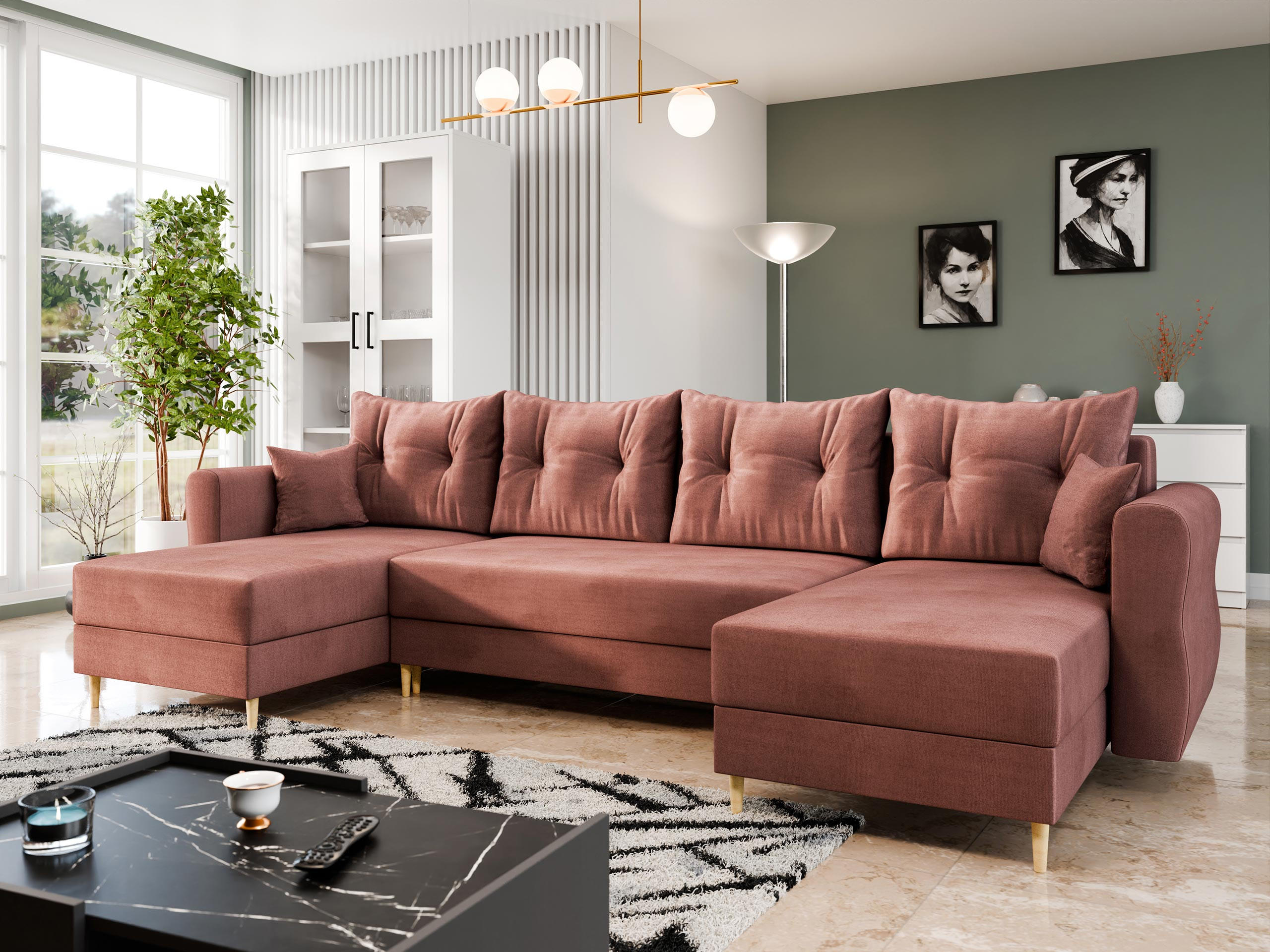 WOHNLANDSCHAFT Zako U - Dunkelrosa/Naturfarben, Holz/Textil (310/85/138cm) - MIRJAN24
