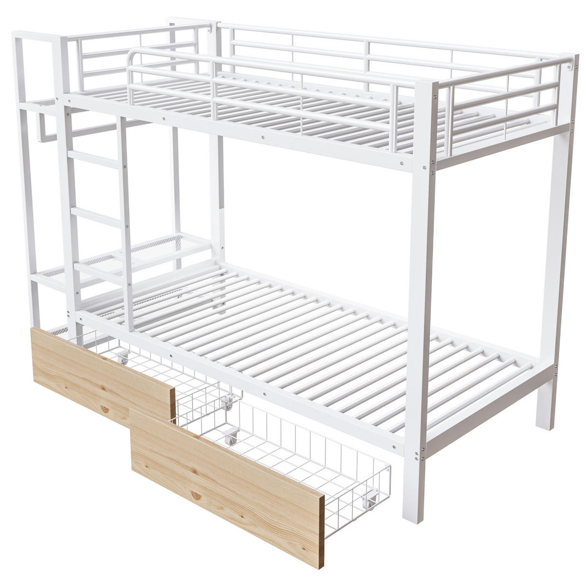ETAGENBETT aus Metall 90x200 cm Weiß mit LED-Lichtleiste, 2 Schubladen, Ablageflächen und Kleiderstange - Weiß, Metall (90/200cm) - Modfu
