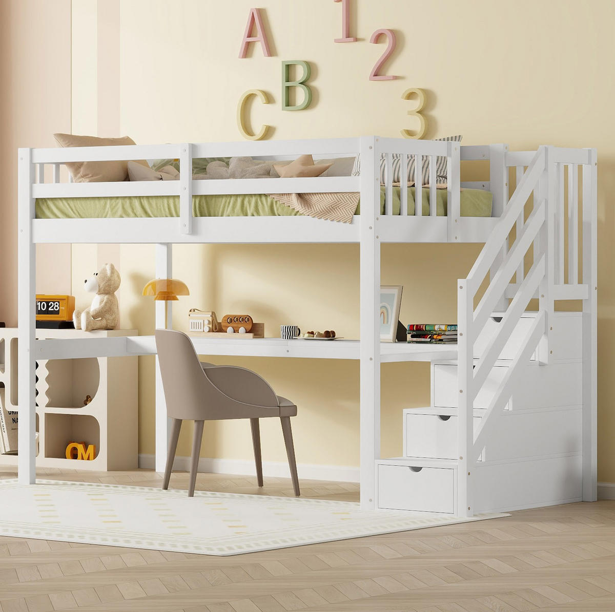 VISOKA postelja 90/200 cm bela s pisalno mizo in shranjevanjem iz bora in MDF - bela, les (90/200cm) - OKWISH