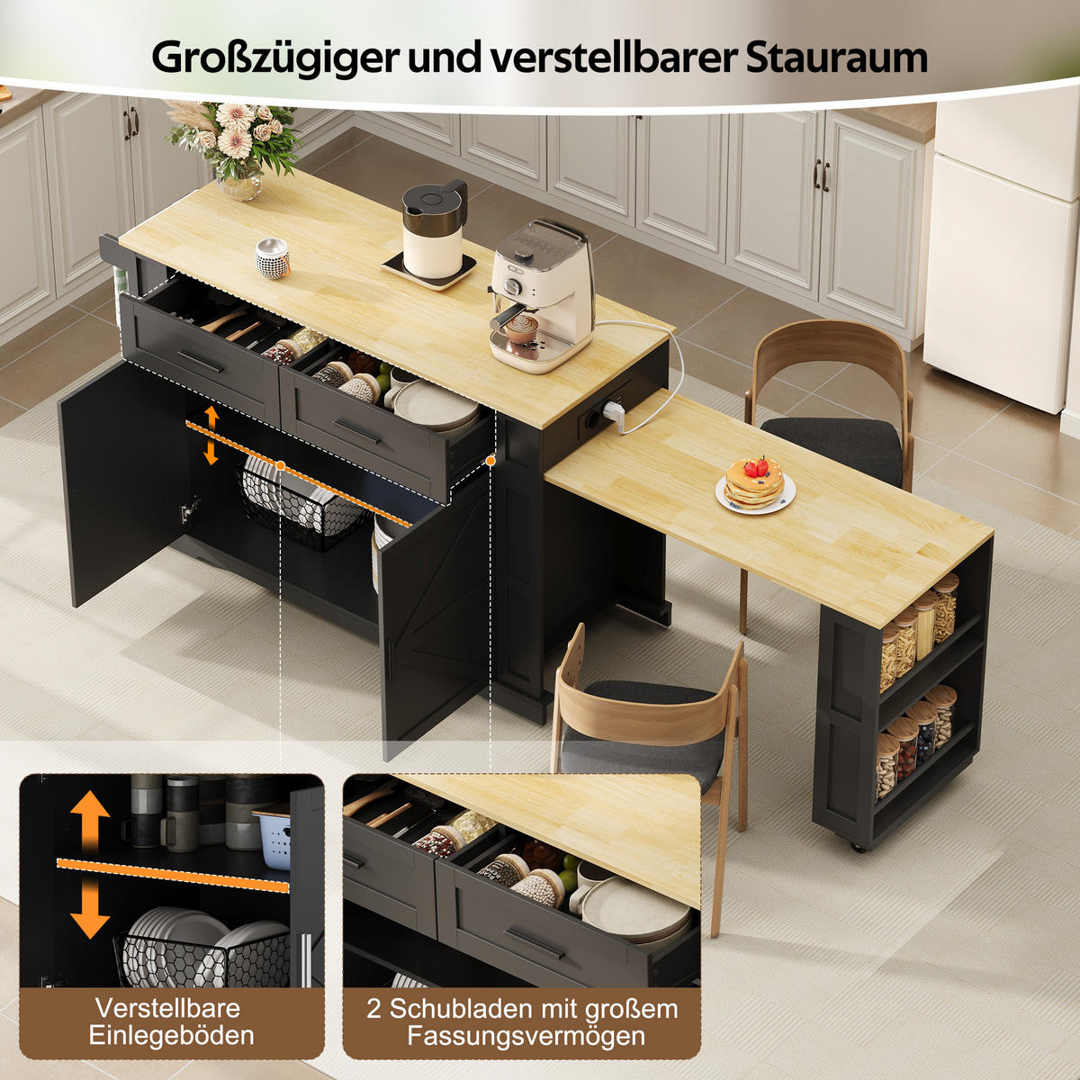 KÜCHENINSEL DE-41365 130(205)/50/93 cm, ausziehbare Arbeitsplatte Schwarz - Schwarz, Holzwerkstoff (130/93/50cm) - ComfortXL