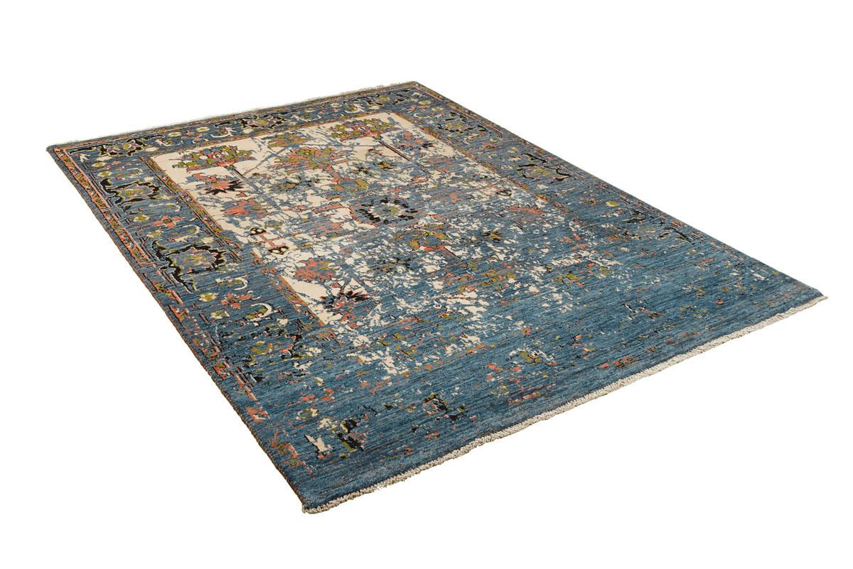 TEPPICH Rizbaf Blau 205/155 cm Schurwolle - Blau, Textil (155/205cm) - Looma
