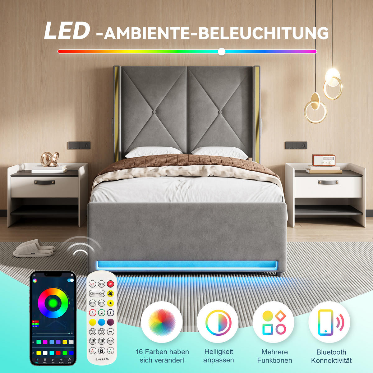 POLSTERBETT 90/200 cm in Dunkelgrau mit Bettkasten, LED, USB und Type-C Samt - Dunkelgrau, Holzwerkstoff/Textil (90/200cm) - STILVORA