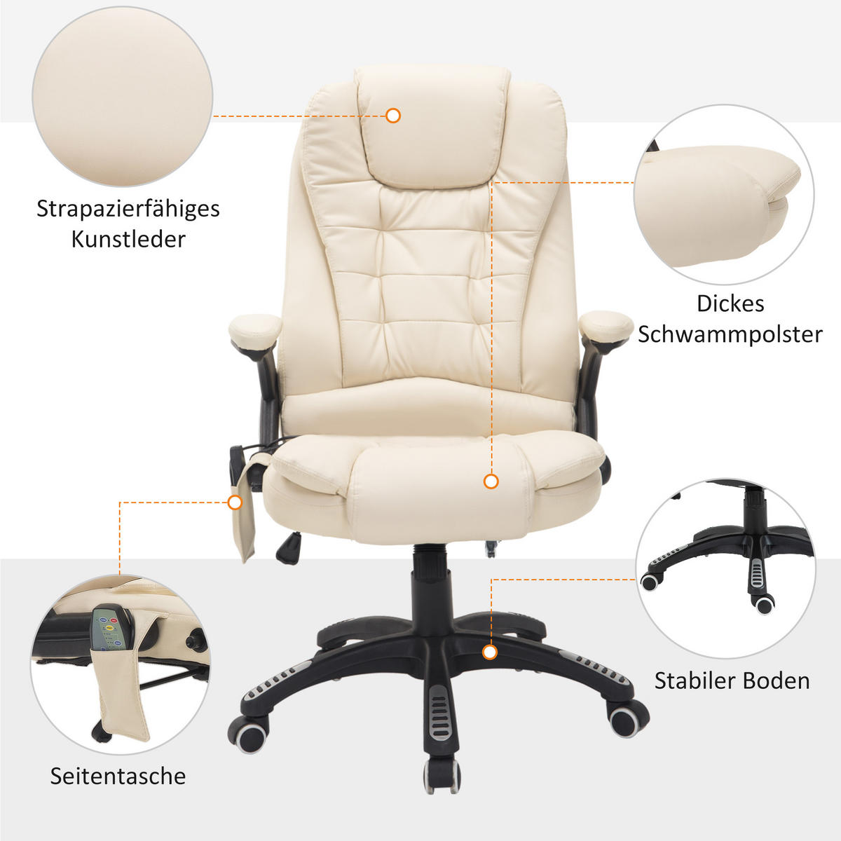 MASSAGESESSEL Bürostuhl Drehstuhl mit Wärmefunktion Chefsessel Bürosessel - Schwarz/Weiß, Kunststoff (68/121/62cm) - HOMCOM