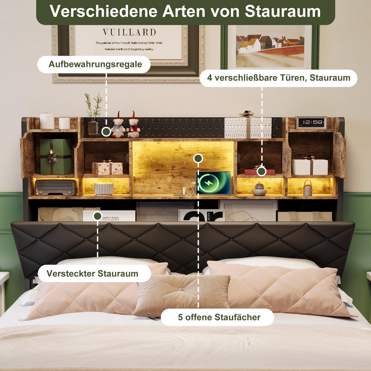 POLSTERBETT 140x200 cm mit LED & USB, Doppelbett mit Kopfteil Stauraum, Schwebebett Holzoptik Metall - Schwarz, Metall (140/200cm) - EuroLiving