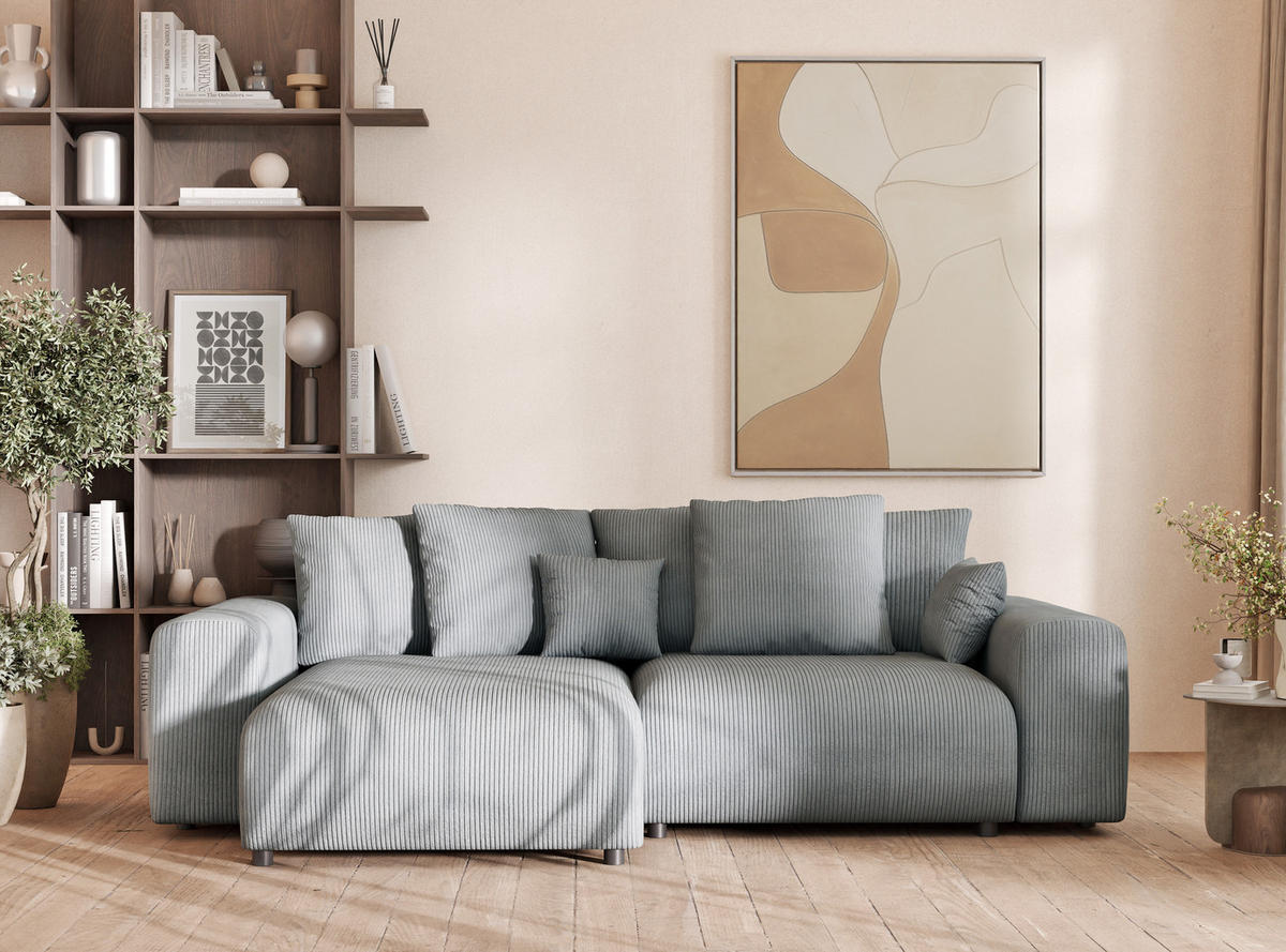 ECKSOFA MIT SCHLAFFUNKTION Solo Hellgrau Samtstoff - Blaugrau/Schwarz, Holz/Holzwerkstoff (255/168cm) - Maison de Reve