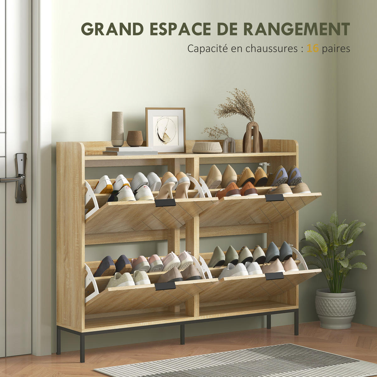 SCHUHSCHRANK Eichefarben Holzwerkstoff mit 4 Klappen platzsparend 1 Stück - Naturfarben, Holzwerkstoff (110/95.5/23.5cm) - PANGIVO