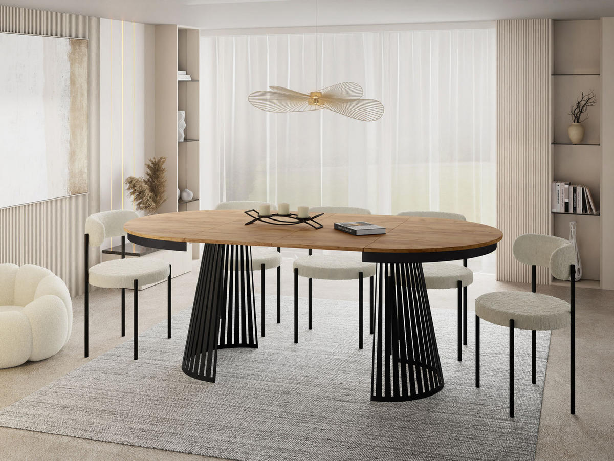 ESSTISCH Naro rund ausziehbar mit Schwarzem Lamellen-Metallgestell, Braun 120-200/120/76 cm - Eiche Wotan/Schwarz, Holzwerkstoff/Metall (120/120/76cm) - WFL GROUP