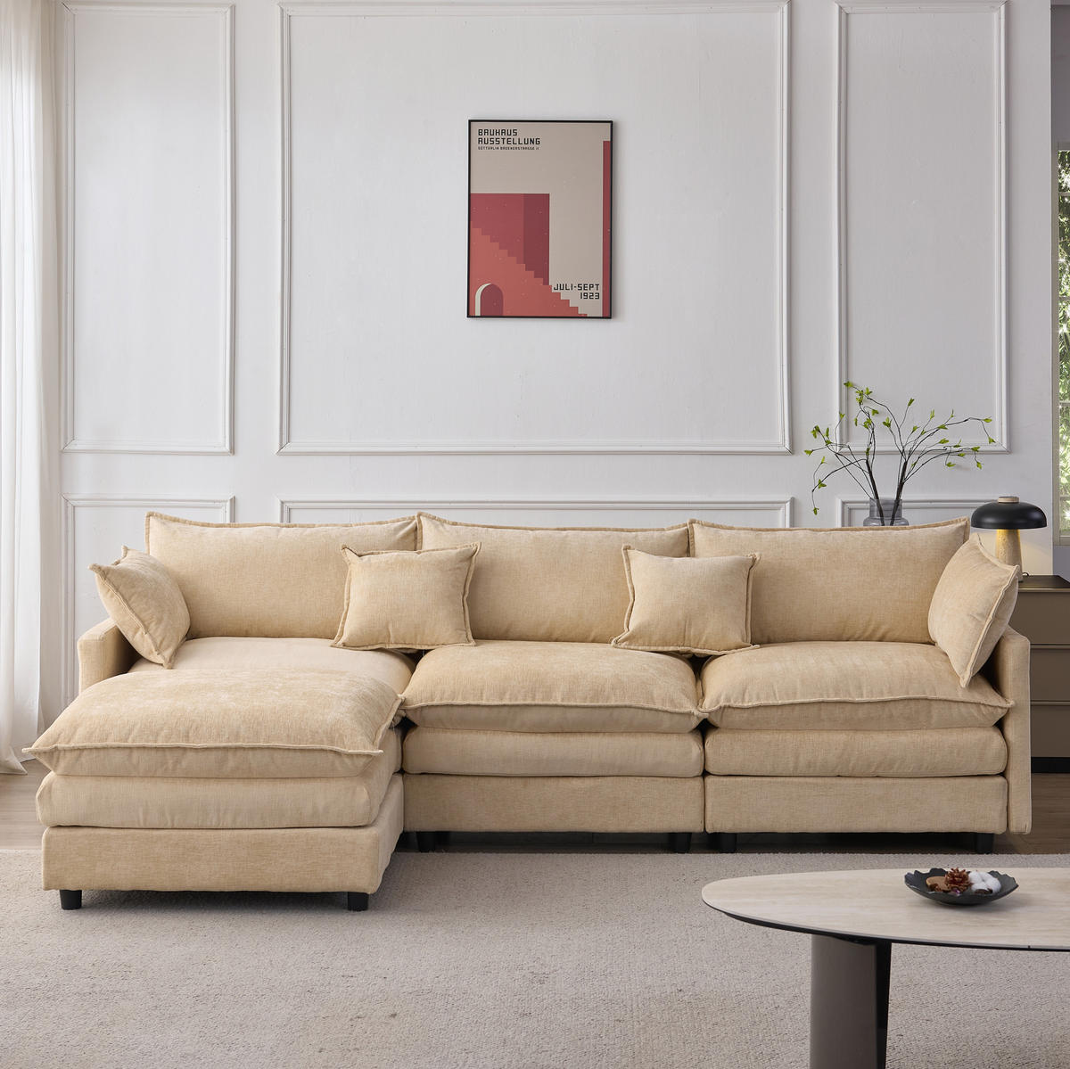 ECKSOFA mit Hocker 3-Sitzer Chenille Light Coffee - Braun, Holz (154/267cm) - Meubliv