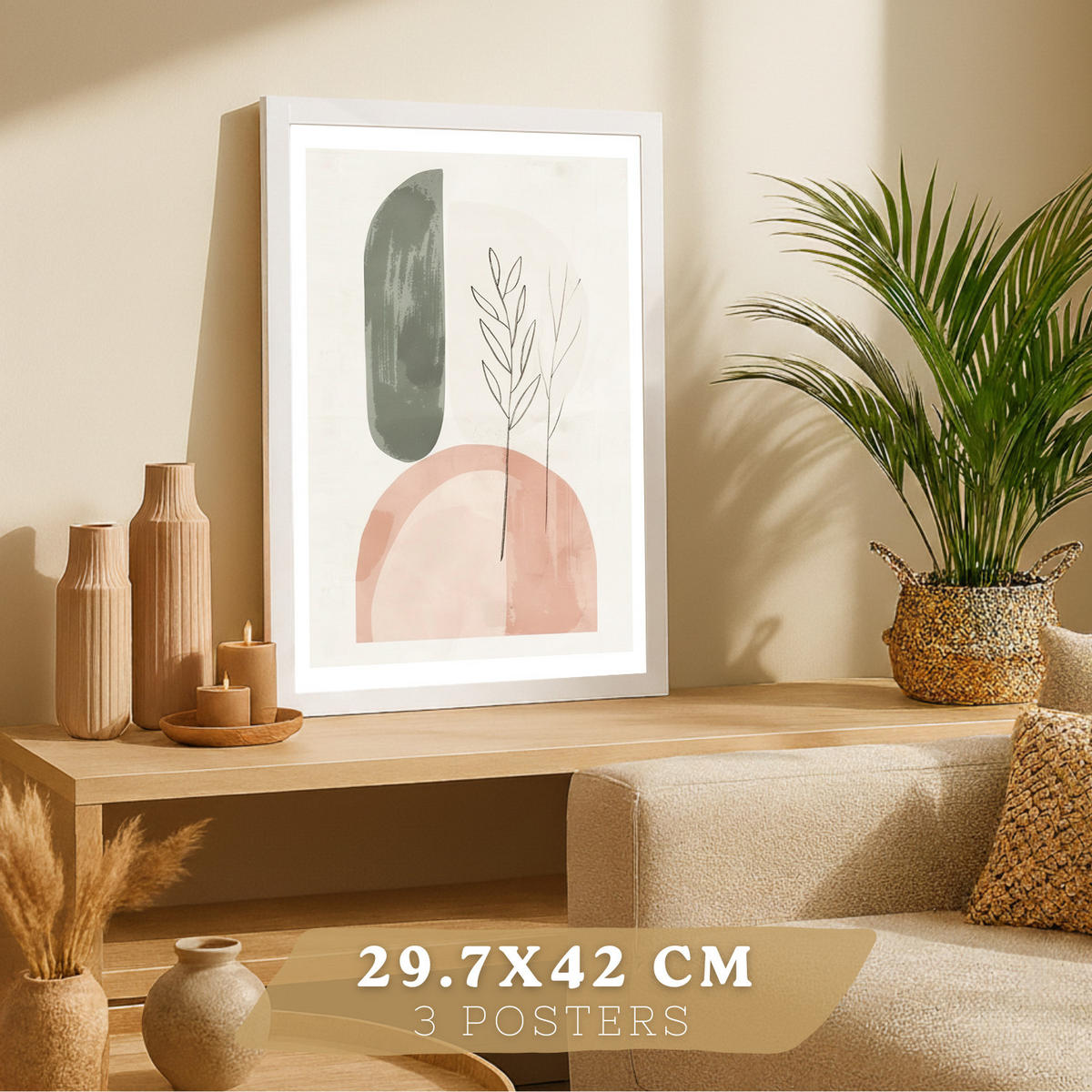 PLAKAT Sada 3 dekorativních nástěnných tisků, zelené a růžové rostliny, pro moderní dekoraci obývacího pokoje květinové motivy, velikost Bílý rám A3 - bílá, papír (29.7/42/3cm) - Nacnic