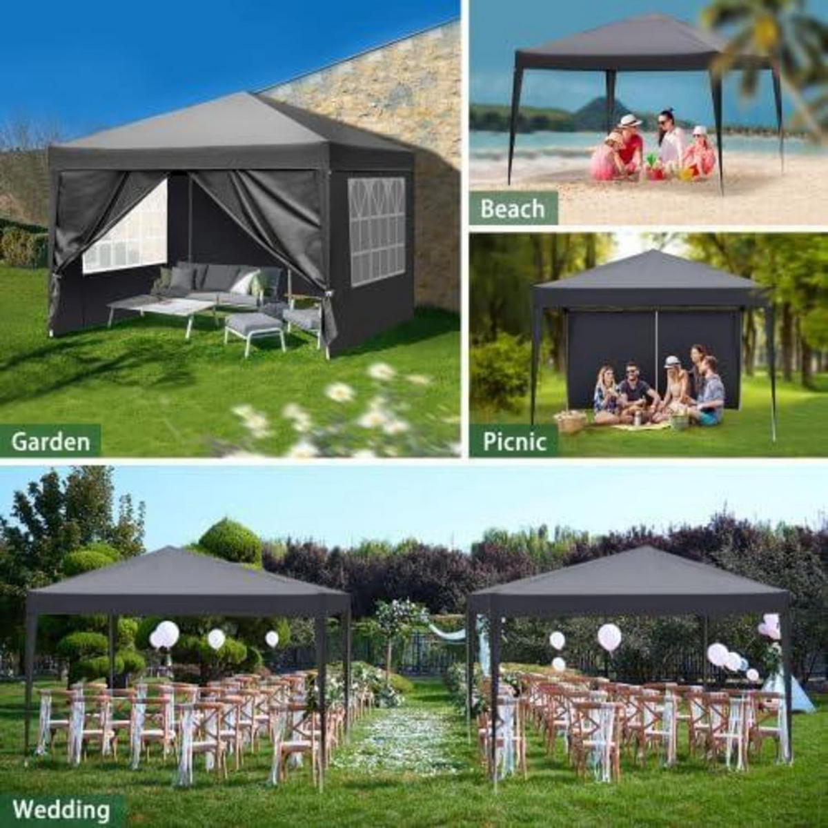 PAVILLON 3 x 3 m wasserdicht UV Schutz 50+ mit 4 Seitenteilen Dunkelgrau - Anthrazit, Metall (255/300/300cm)