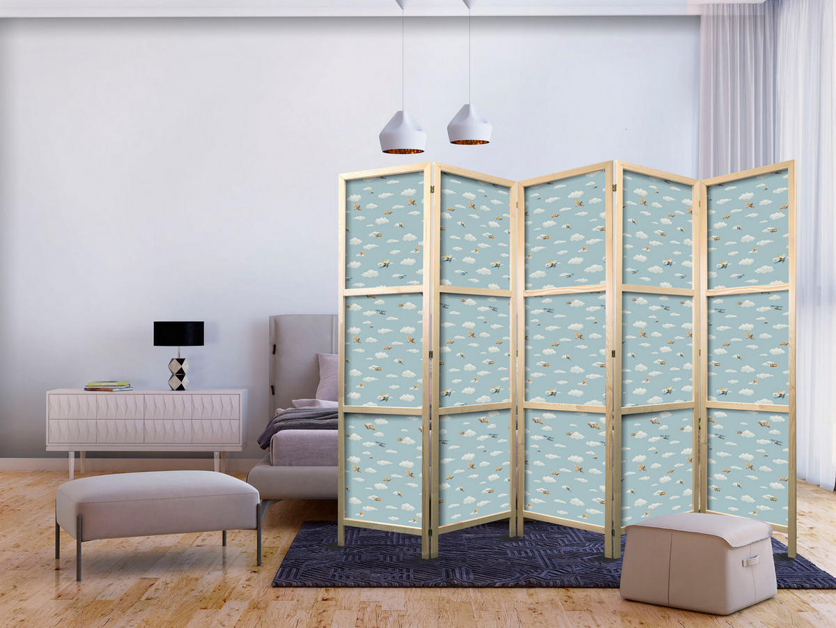 PARAVENT Japanischer 5-tlg 225x172 cm Flugzeuge Wolken - Blau, Holz/Textil (225/172/3cm) - Muralo