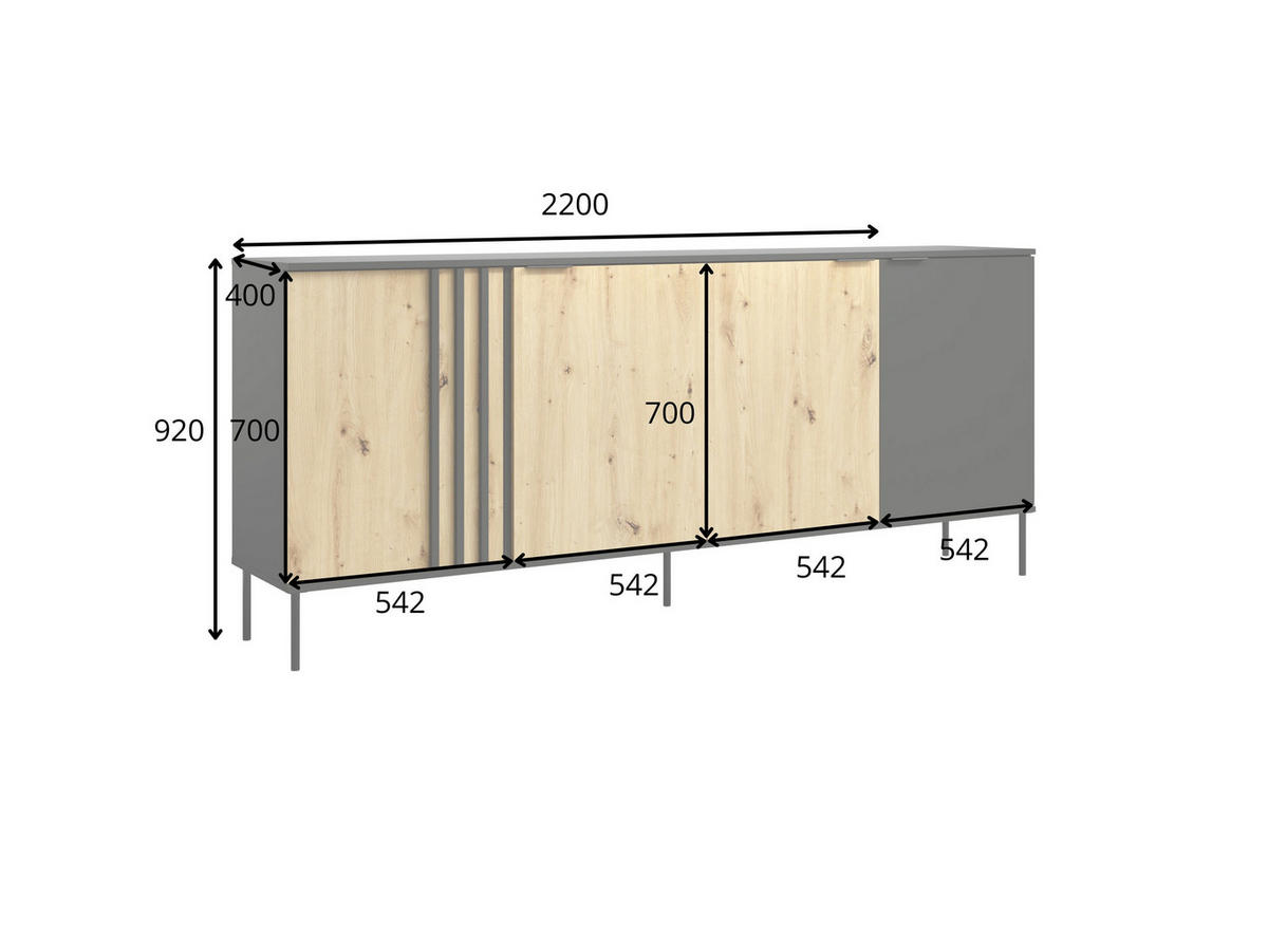 KOMMODE MERIDIAN 220/92/40cm mit Schubladen 4 Türen Eichefarben - Eichefarben/Schwarz, Holzwerkstoff (220/92/40cm) - MASSENO