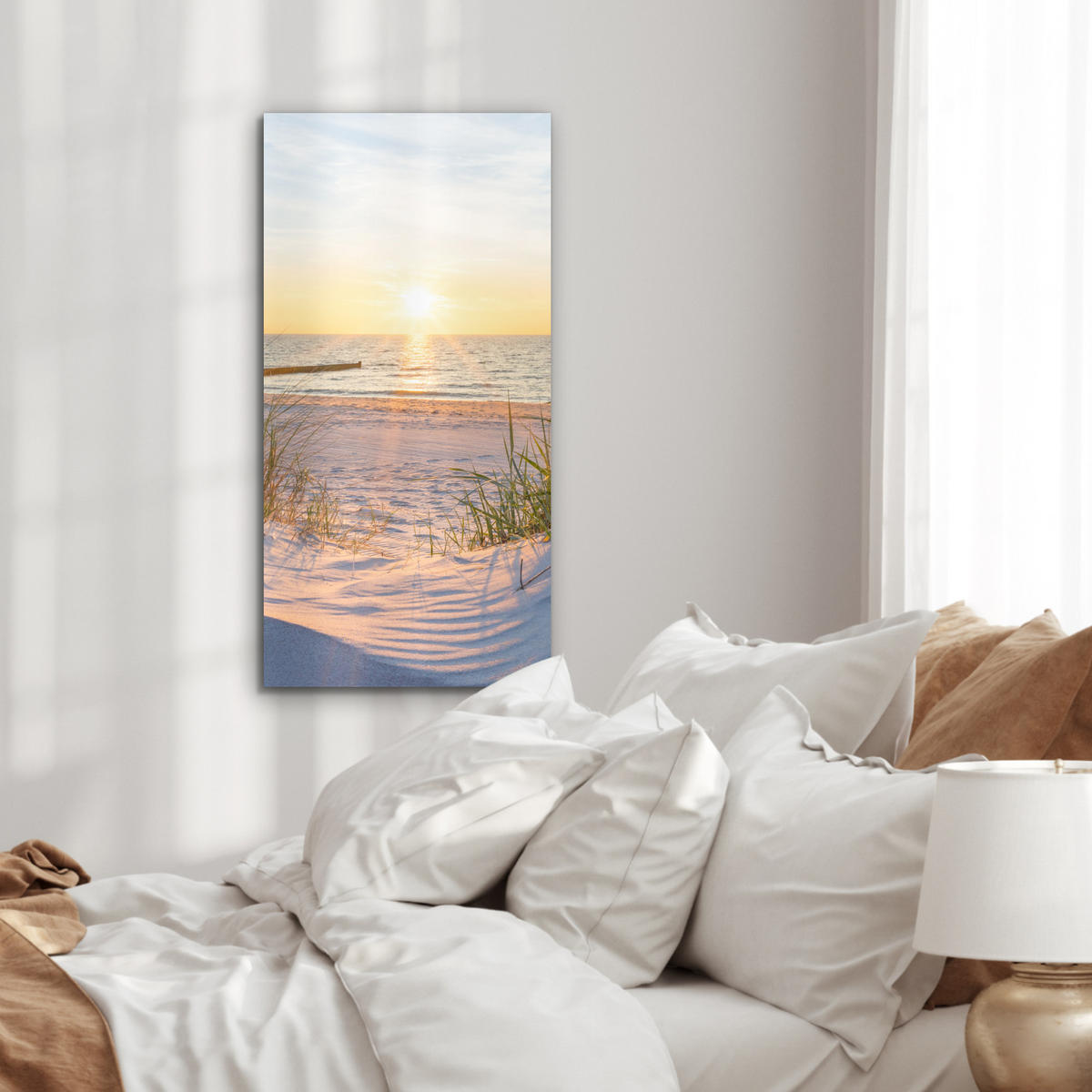 KOVOVÝ OBRAZ Pláž - Slnko - Duny - Tráva - Piesok - Horizont 40x80 cm - svetlomodrá, kov (40/80cm) - MuchoWow