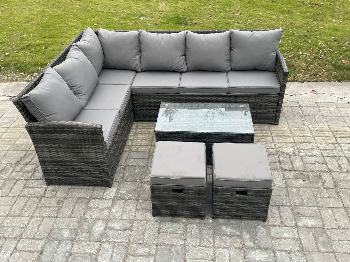 GARTENSET mit Couchtisch Polyrattan Dunkelgrau 8-Sitzer - Dunkelgrau/Grau, Glas/Kunststoff - Fimous