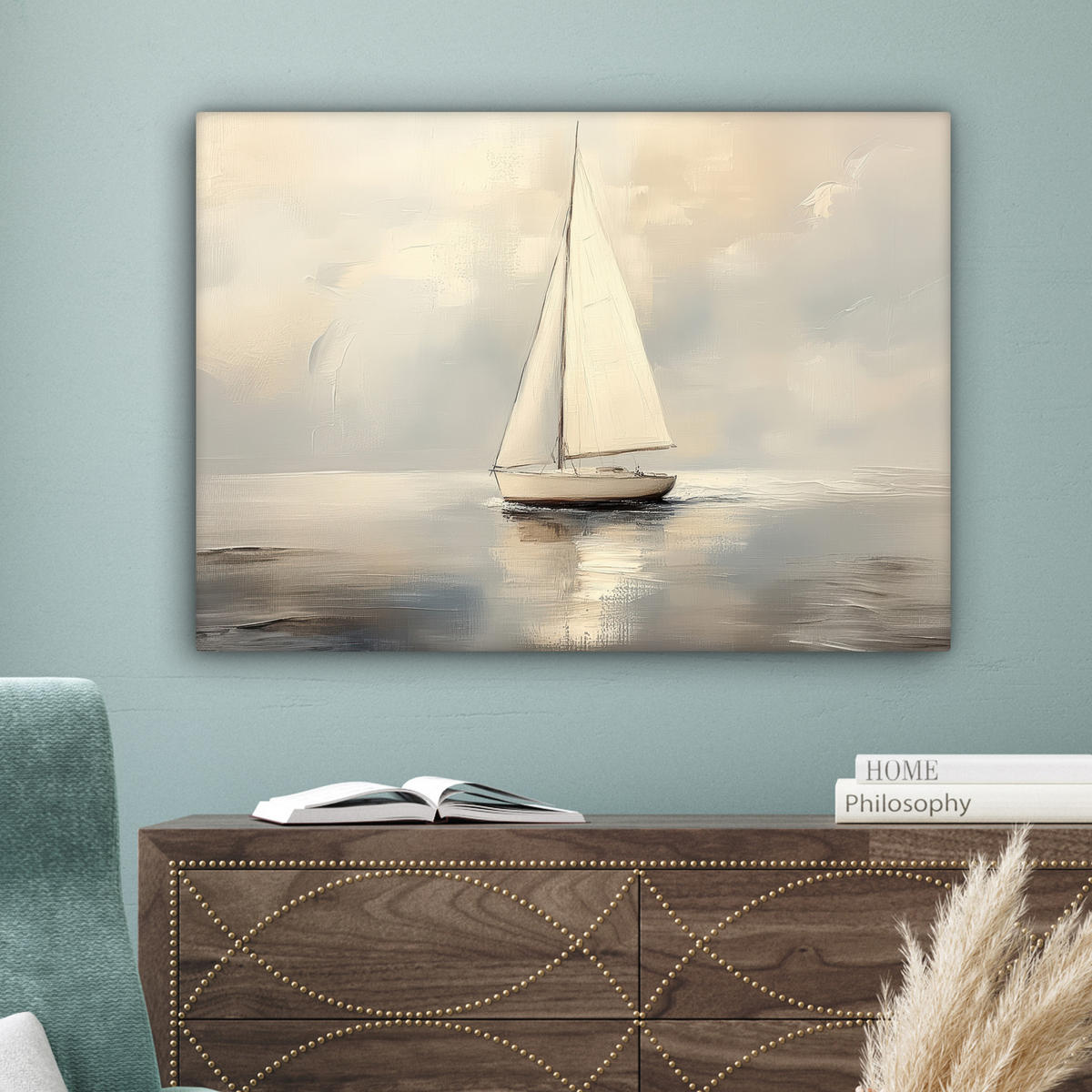 LEINWANDBILD Segelschiff - Meer - Bewölkt Wandbilder 80x60 cm - Creme, Textil (80/60cm) - MuchoWow