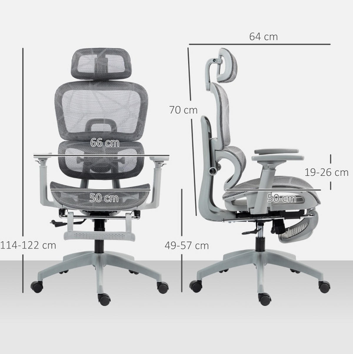 KANCELÁŘSKÁ židle 66/64/114-122 cm šedá z polyesteru s nastavitelnou opěrkou hlavy a podnožkou - šedá, plast (64/122/66cm) - OKWISH