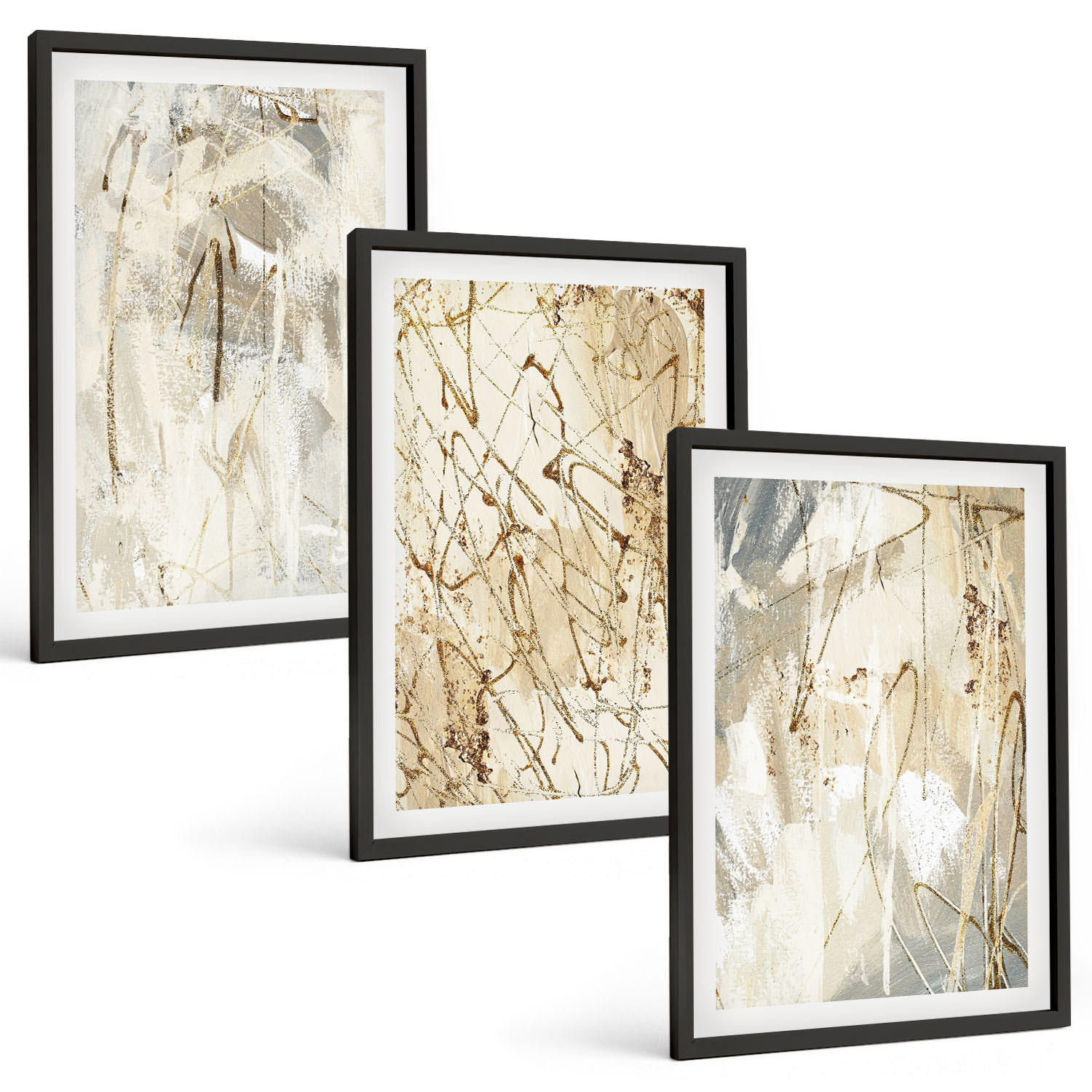 BILDER SET 3er Set - 40x60 cm Schwarzer Rahmen - Abstrakte Muster in Beige und Grau - Schwarz, Kunststoff (40/60cm) - TULUP