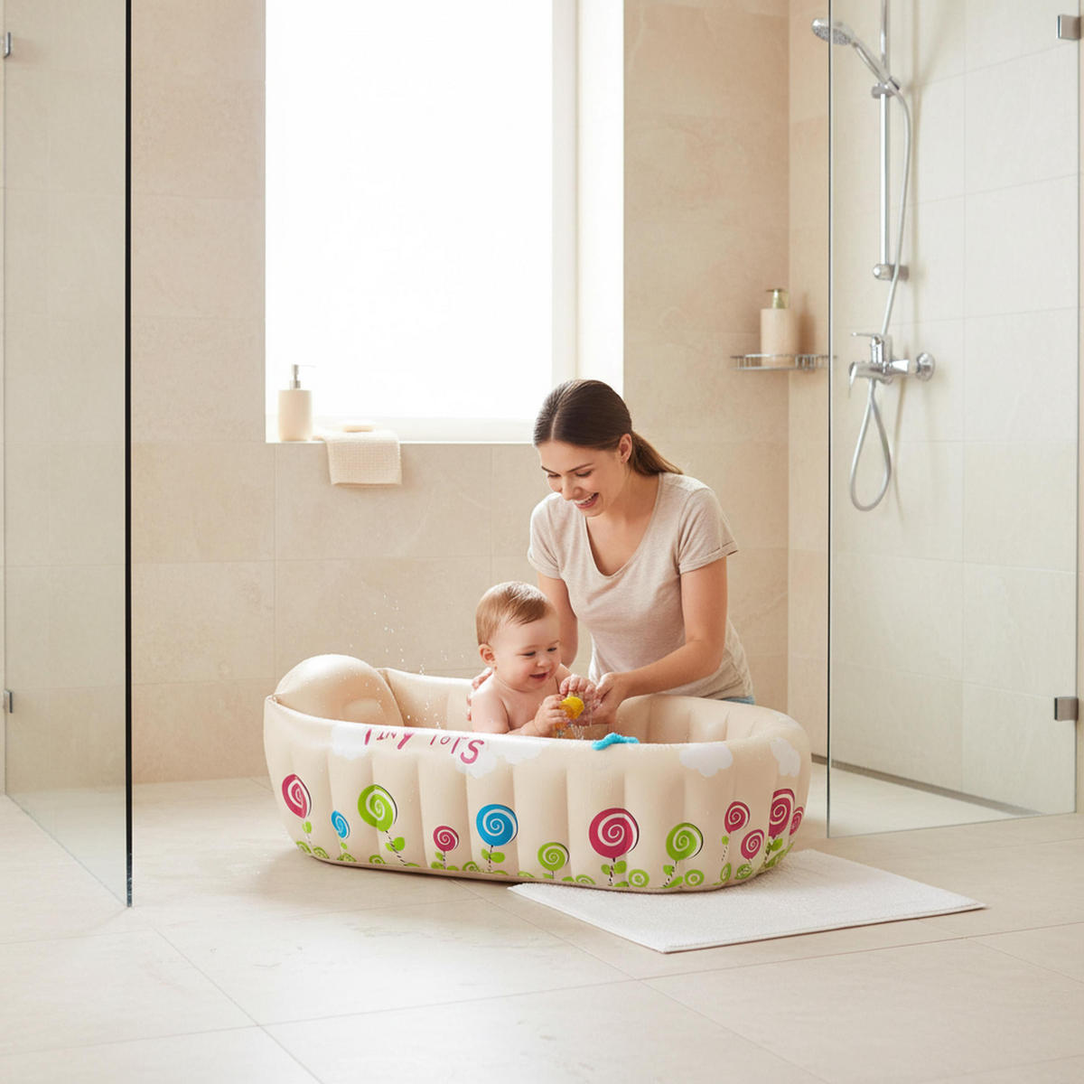 PLANSCHBECKEN Baby Badewanne aufblasbar 91 x 61 x 29 cm beige Temperaturanzeige - Beige, Kunststoff (61/91cm) - SunClub