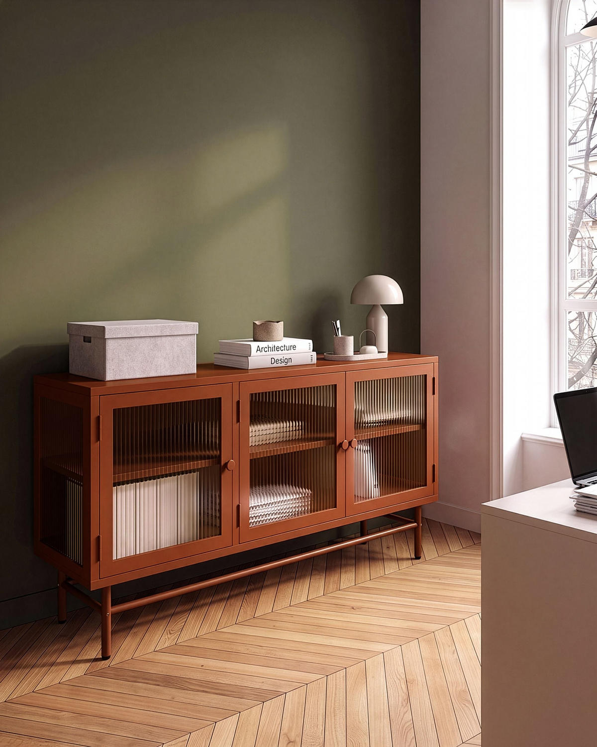 SIDEBOARD mit Glastüren Metall 115 cm Goldbraun Devon - Goldfarben/Braun, Metall (115/64/35cm) - Beliani