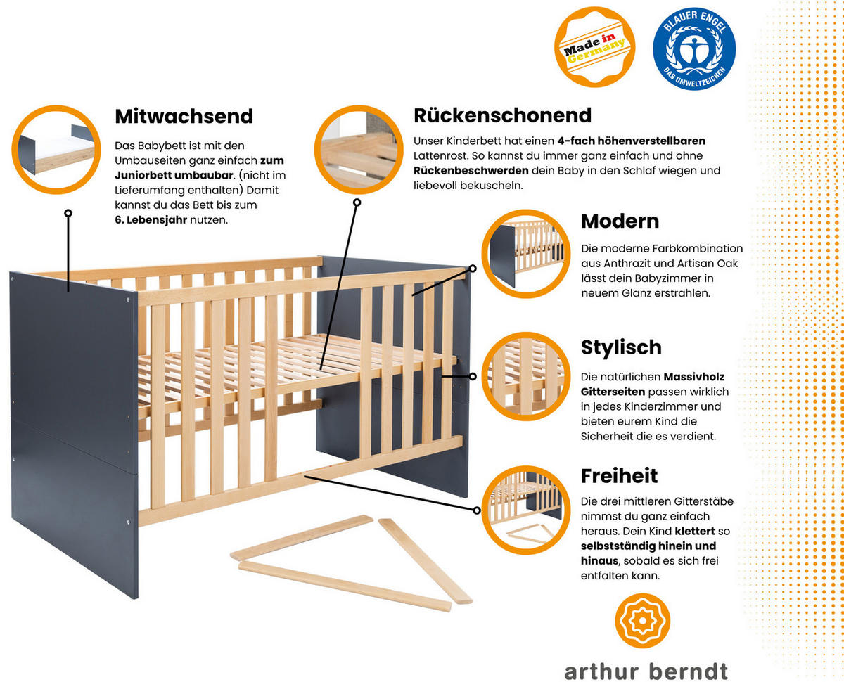 BABYBETT Alessio 70 x 140 cm Anthrazit - Anthrazit/Eiche Artisan, Holz/Holzwerkstoff (70/140cm) - arthur berndt