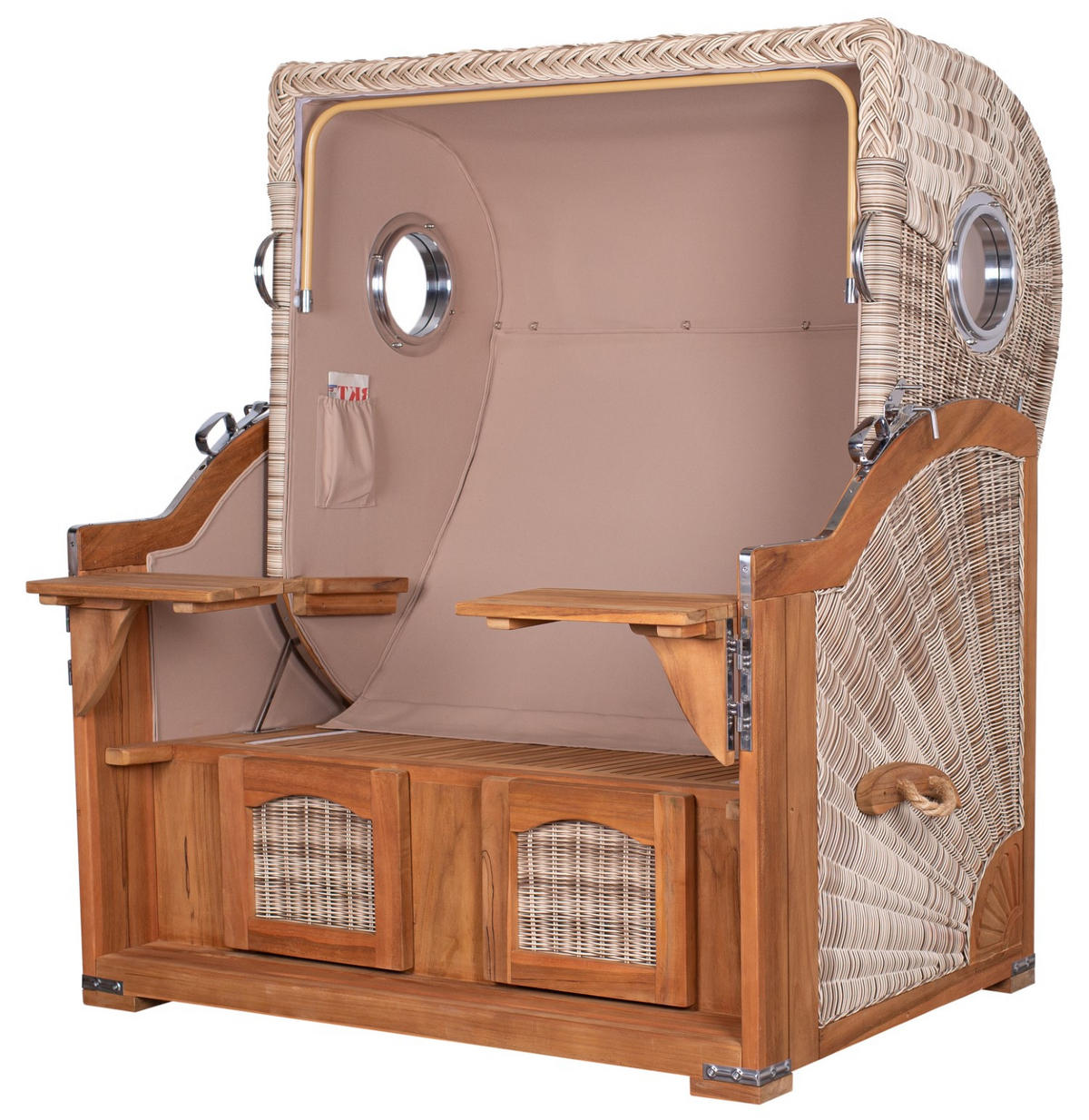 STRANDKORB Komplettset: Ammersee Grande XL Teak Bullauge - PE shell - Modell 595 - Blau/Grau, Holz/Kunststoff (142/165/95cm) - bene living