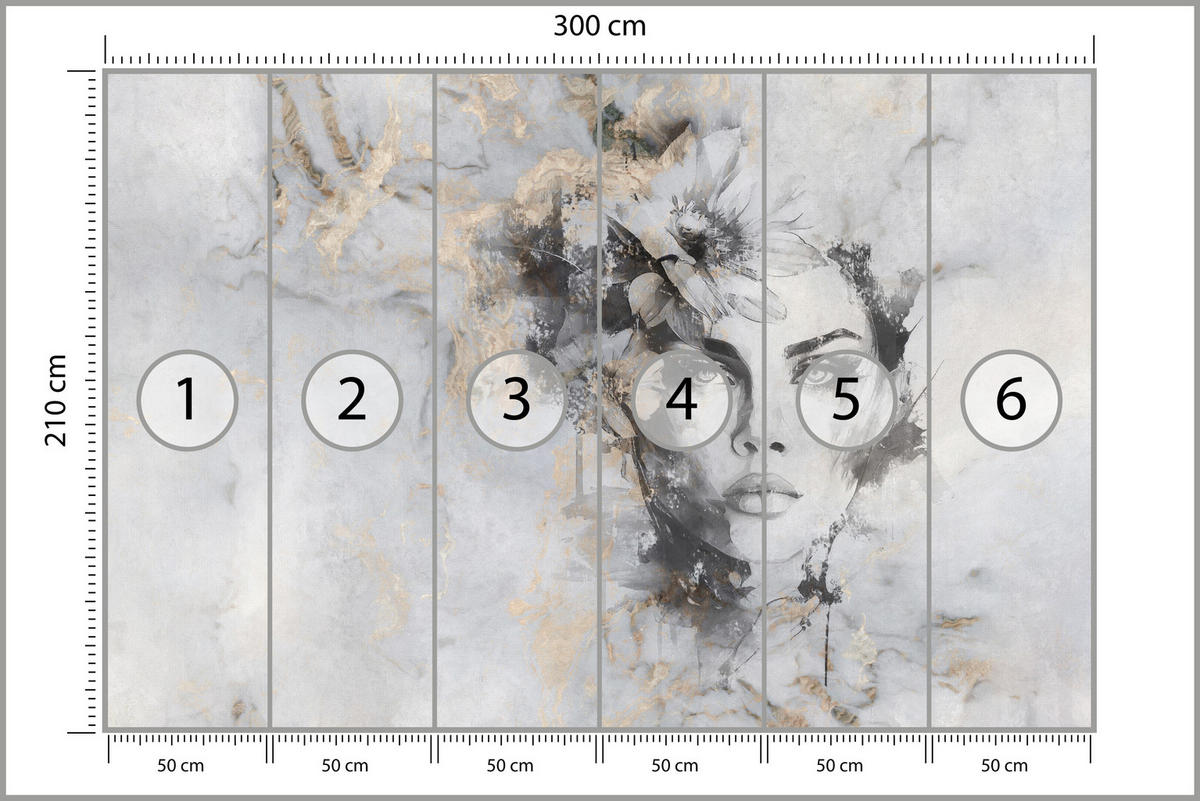 FOTOTAPETE für Wohnzimmer Frau Porträt Beton Blumen Modern 300x210 - Beige/Schwarz, Papier (300/210cm) - Muralo