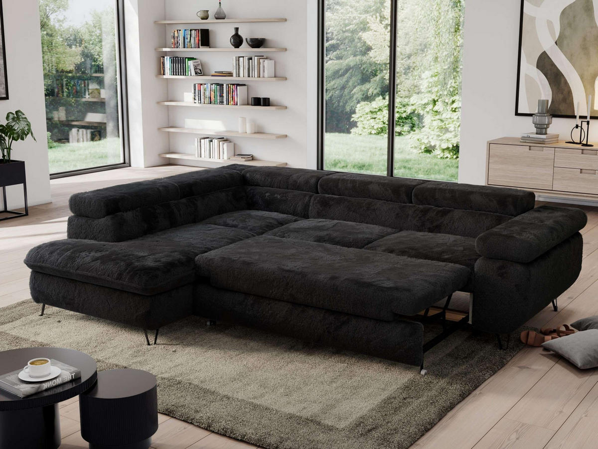 ECKSOFA PEDRO L Schwarz Plüsch - Links Seite - Schwarz, Textil/Metall (208/273cm) - MKS