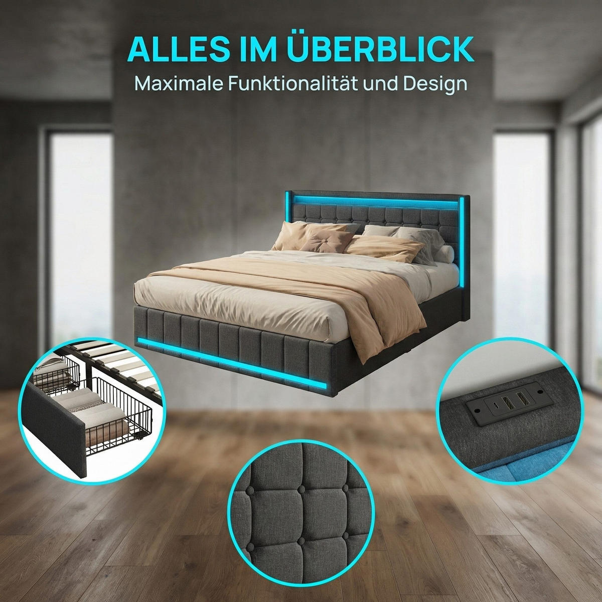 POLSTERBETT 140x190 cm Dunkelgrau Leinen LED USB 4 Schubladen - Grau, Holz (140/200cm) - SHOPENTRA