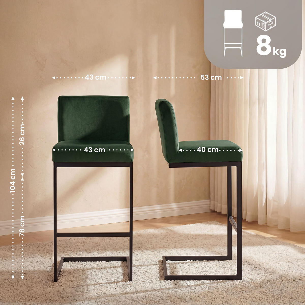 BARHOCKER Samt Grün - Schwarz/Grün, Textil/Metall (43/104/53cm) - CLP