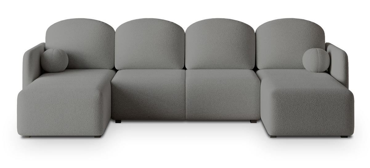 WOHNLANDSCHAFT NUBERO Grau Boucle-Stoff mit Schlaffunktion - Grau, Holz (285/85/143cm) - MASSENO