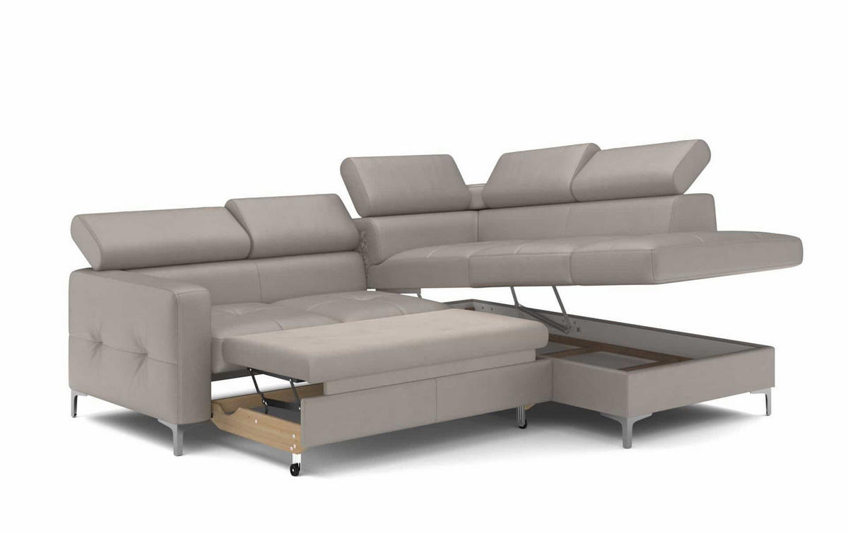 ECKSCHLAFSOFA aus Echtleder mit Schlaffunktion und Bettkasten - Chromfarben/Silberfarben, Leder/Holz (207/242cm) - Cotta