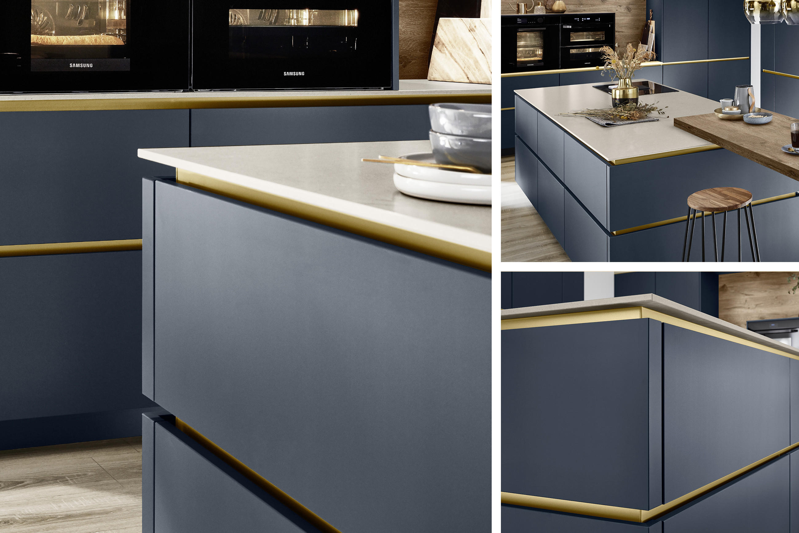 Collage mit 3 Detailaufnahmen einer blauen Kücheninsel, mit hochwertiger Arbeitsplatte aus Quarzstein im Fokus.