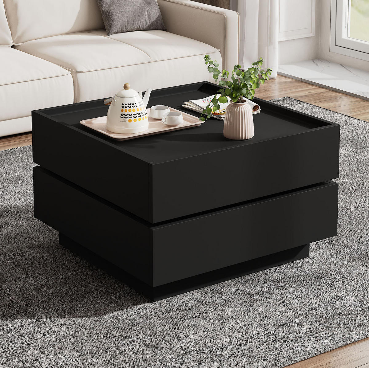 COUCHTISCH aus Spanplatte 60x60x38 cm Schwarz mit 360° drehbarer Tischplatte, 2 Schubladen und umlaufendem Kantenschutz - Schwarz, Holzwerkstoff (60/60/38cm) - Modfu